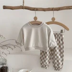 Autumn Fashion Newborn Baby Boys Girls Clothes Comfort Outfit Solid Color Long Sleeves Top+Chessboard Pattern Pants 2Pcs/set