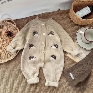 Korean Style Spring and Autumn Clothes Baby Knitted Jumpsuit Super Cute Little Hedgehog 100-Day Knitted Crawling Suit for Going Out